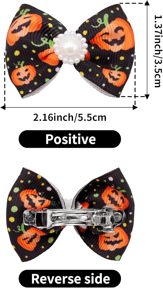 PET SHOW 10 Pack 2" Halloween Small Dogs Hair Bows with French Clips Rhinestone Yorkie Barrette Clip Bowknot for Medium Dogs Puppy Pet Ghost Pumpkin Topknot Cat Grooming Hair Accessories