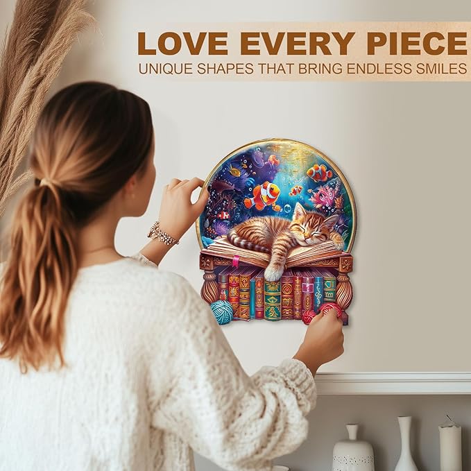 KAAYEE Wooden Puzzles for Adults, Kitten Dream Puzzles, 180 Piece Unique Animal Shape Puzzle, Cat Wood Puzzle for Adults, Creative Gifts for Cat Lover/Friends/Family, Home Decor(11.4 * 9.8in)