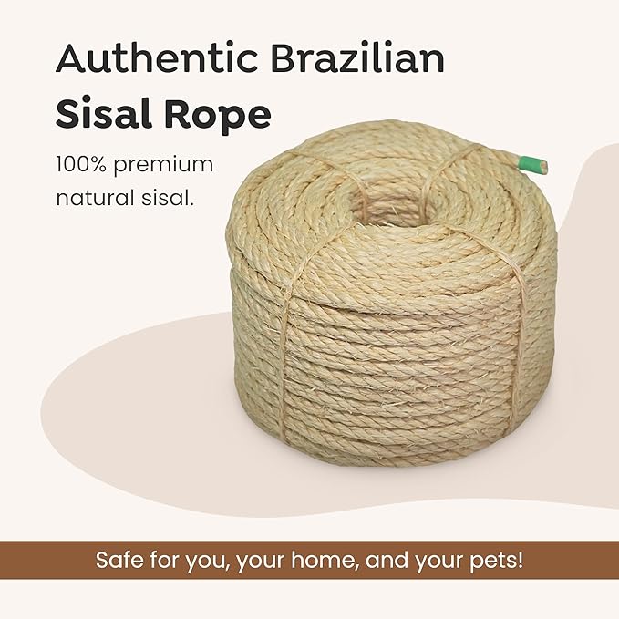 Premium Brazilian Sisal Rope, Natural Fiber 100% Sisal, Ultra Durable, Chemical-Free, Ideal for DIY, Cats, Scratching Post Replacement, Home Decor, Garden, Crafting (1/5” 100 ft / 5mm 30m)