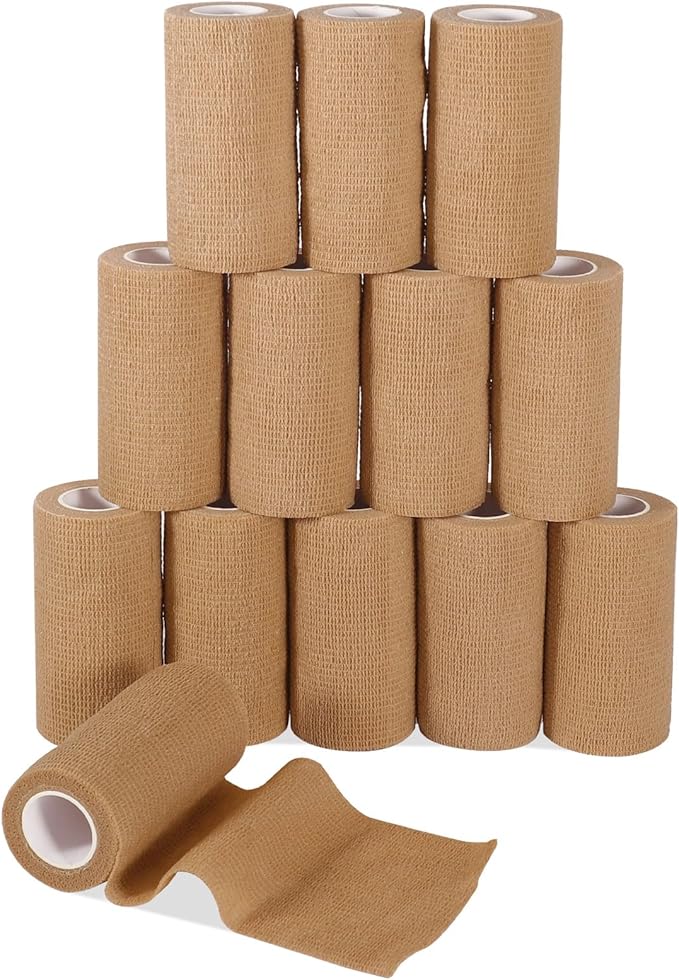 12 Pack Self Adhesive Bandage Wrap, 2” x 5 Yards Cohesive Medical Tape Elastic Grip Tape Black Sports Tape Athletic for Ankle, Wrist Sprains, Pet First Aid (12pcs-Brown, 4 Inch)