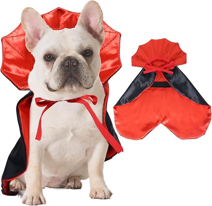 ROSAUI Halloween Pet Vampire Cape – 19.69″ Adjustable Red & Black Costume for Medium Dogs (Beagle, Shiba Inu, French Bulldog) Spooky Outfit with Stand-Up Collar (M Size)