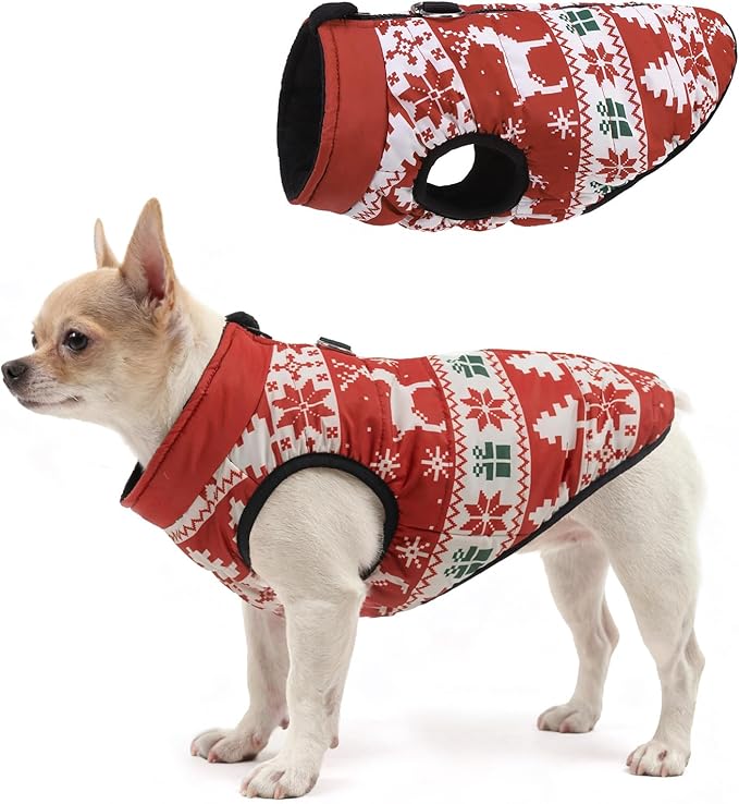 SCENEREAL Christmas Winter Dog Vest Coat with Harness Built in, Warm Puppy Jacket for Small Medium Dogs, Cold Weather Coat with Zipper, Fleece Puffer Vest Windproof Snow Clothes, S