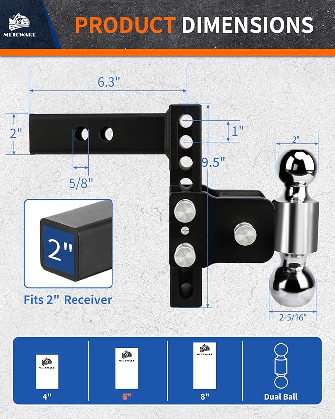 METOWARE Adjustable Trailer Hitches Fits 2-Inch Receiver - Adjustable Ball Mount with 6-Inch Drop/Rise (12,500 LBS GTW) - Dual Ball (2'' x 2-5/16'') and Anti-Theft Stainless Steel Trailer Lock
