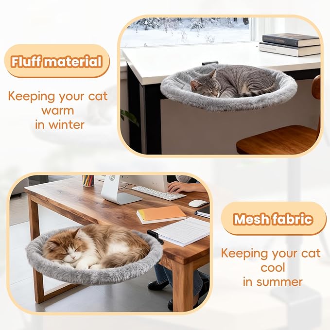 Cat Desk Bed - 360-Degree Rotation Cat Desk Hammock & Space-Saving Semi-Circular Cats Bed, Soft Faux Rabbit Fur Material, Suitable for Various Desktops, Diameter 42cm (X-Large)