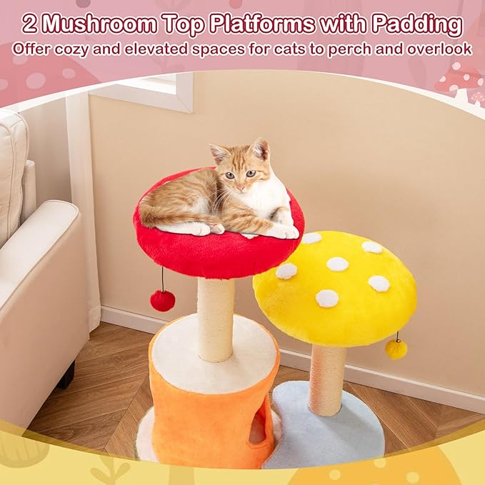 PETSITE Mushroom Cat Tree, Multi-Level Cute Cat Tree Tower with Sisal Scratching Posts, Cat Condo, Soft Plush Perches, and Dangling Toys for Indoor Cats (43 Inch)