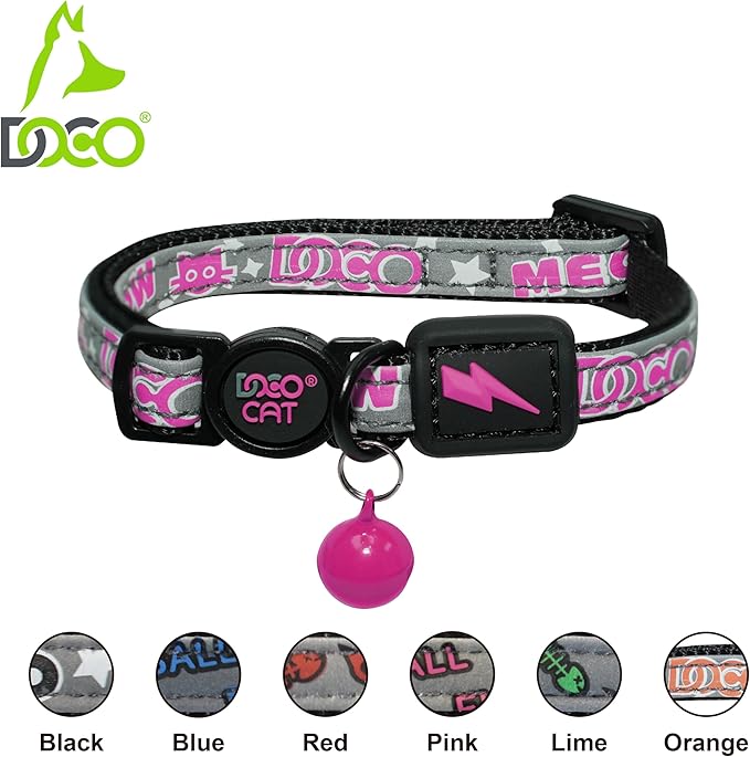 DOCO Cat Collar Breakaway Safety Buckle - Reflective Kitten Collar with Bell, Adjustable Nylon Strap for Kittens & Adult Cats - Pink, Neck Girth - 3/8" x 7.5-12", Weight Up to - 13lb