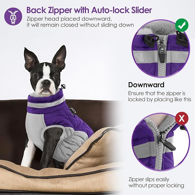 AOFITEE Dog Coat, Warm Dog Winter Coat for Small Dogs, Reflective Turtleneck Dogs Jacket with Harness Built in, Waterproof Windproof Pet Fleece Vest Snow Jacket for Cold Weather, Purple S