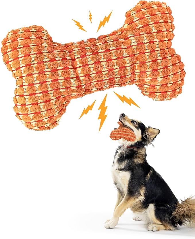 Squeaky Dog Toys for Medium Dogs, Interactive Dog Plush Toy for Aggressive Chewers, Tough Chew Gifts for Puppy Teething to Keep Them Busy and Relieve Boredom (Orange Bone)