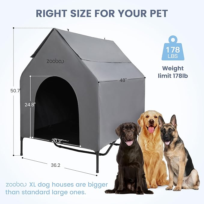 48" XL Outdoor Dog House – Weatherproof Elevated Pet Shelter, Breathable Mesh & Steel Frame, Easy to Assemble & Clean, Large Dog Houses for All Seasons (Grey)
