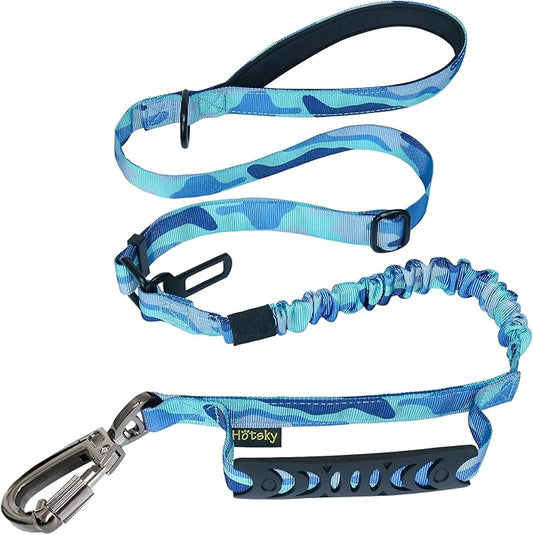 Hotsky Tactical Dog Leash Heavy Duty for Medium Large Dogs That Pull,4-6Ft Strong Bungee Shock Absorbing No Pull Dog Leash with Padded Double Handle and Car Seatbelt,Blue Camo
