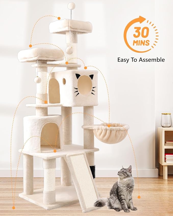 66in Multi-Level Large Cat Tree Tower for Indoor Cat/Kitties, Mordern Cat Tower with Sisal Scratching Posts, Condos and Hammock, Perches, Ramp for Climbing Heavy Duty
