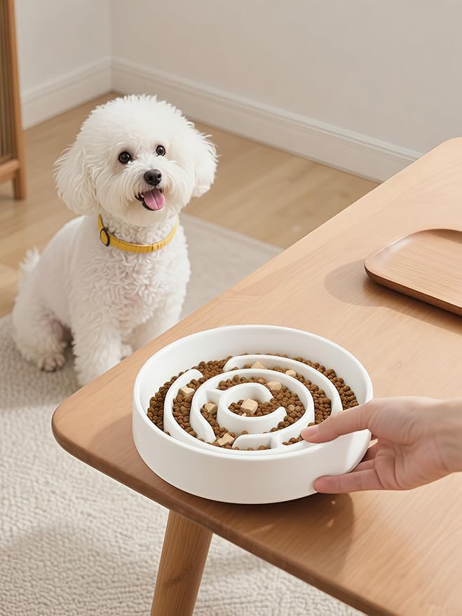 Ceramic Slow Feeder Dog Bowls with Anti-Slip, Slow Feeder & Non-Slip Design, Boredom and Anxiety Reducer, Suitable for All Breed Dogs and Cat (Ceramic-White)