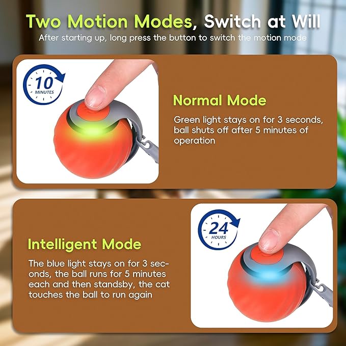 Interactive Cat Toy 2.0, Automatic Moving Cat Toys for Indoor Cats, Electric Rolling Pet Ball with Tail, Two Speed Adjustment, Pet Game Toy (Orange)