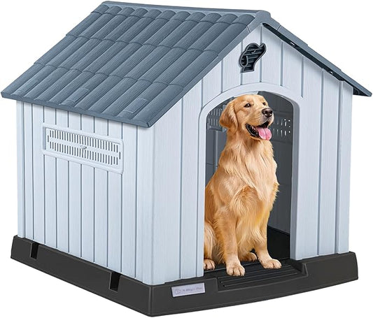 LEMBERI Large Plastic Dog House for Medium Large Dogs, Durable Waterproof Indoor Outdoor Doghouse with Air Vents and Elevated Floor, Easy to Assemble (Gray, 40" L x 37.2" W x 40" H)