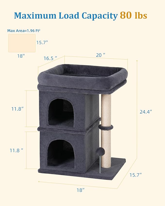 24in Cat Tree Tower with Scratching Post, 19 * 16.5in Window Perch Bed for Large Adult Cats, 2 Small Condo Cubbies for Indoor Kittens, Dark Gray