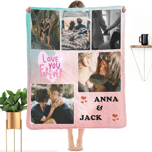 Custom Valentine's Day Blanket with Picture Photo Name, Make a Customized Collage Blankets Gift for Lover, Personalized Throws Blanket to My Wife Husband Souvenir 5 Photos Made in USA
