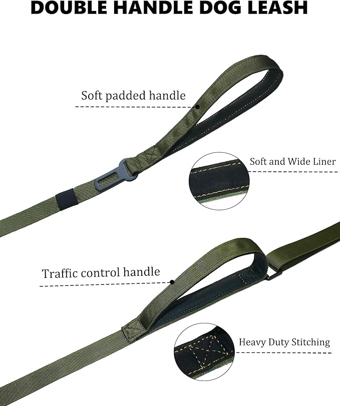 Hotsky Heavy Duty Dog Leash,4.5-6 FT Adjustable Durable Nylon Seatbelt Lead with Two Padded Traffic Handle and Carabiner for Large Medium and Small Breed Dogs,ArmyGreen