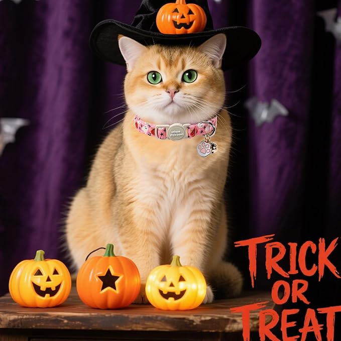 Unique Style Paws Halloween Cat Collar,Cute Cat Collars with Pumpkin Pattern,Pumpkin Kitten Collar with Breakaway Buckle,Ideal Gift for Boy Girl Cats