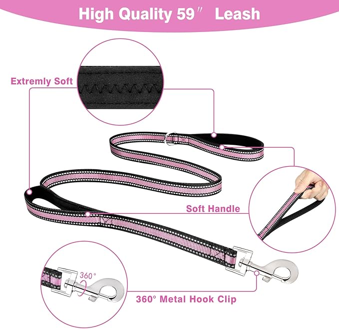 WINSEE Pet Harness Collar and Leash Set, All-in-one Reflective Dog Harness No Pull with Adjustable Buckles for Puppies, Small, Medium, Large, and Extra-Large Dogs (Medium, Pink)