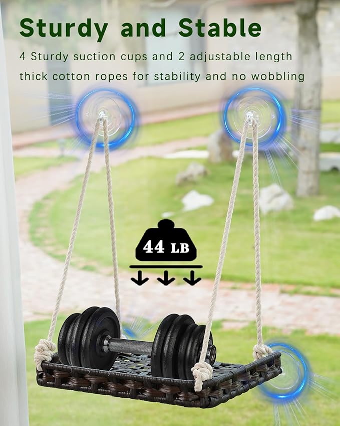 Cat Window Perch, Cat Window Hammock Bed for Indoor Cats, Large Handwoven PE Rattan Window Seat, 4 Suction Cups, Double Sided Washable Cushion Bed, 2.3 Inch Fence Shelf, for Pet Kittens Brown