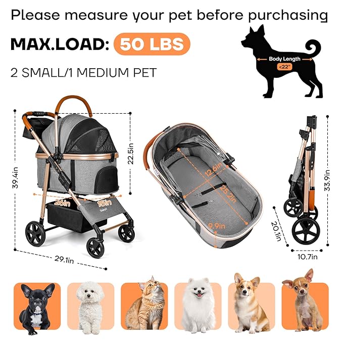 Dog Cat Stroller for Small/Medium Pets up to 50 lbs, 3-in-1 Foldable Pet Stroller with Detachable Carrier, Car Seat, Storage Basket, Cup Holder, Hanging Bag, Rain Cover, All-Terrain 4 Wheels (Grey)