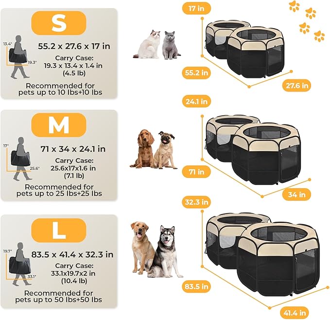 2-in-1 Pop Up Cat Playpen, Detachable into 2 Separate Pens, Assembly-Free Portable Puppy House Collapsible Dog Crates Pet Pen Tent Kennel Kitten Enclosure Cage Indoor Outdoor Foldable(M)