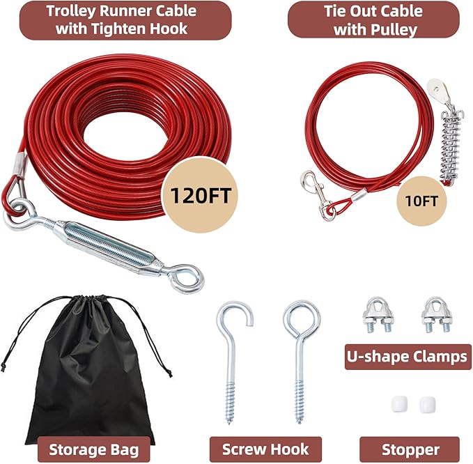 120FT Dog Runner for Yard with 10FT Tie Out Cable - Heavy Duty Trolley System for Large Dogs Up to 250LBS, Backyard/Park/Camping Use (Red, 120FT+10FT)