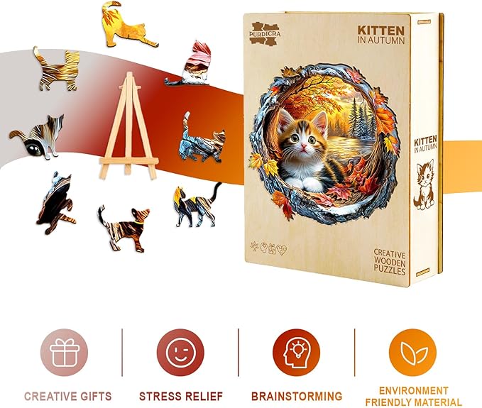 Wooden Puzzles for Adults - Kitten in Autumn Wooden Jigsaw Puzzle, Unique Animal Shaped Wood Puzzles Adult, Christmas Birthday Gifts for Friends/Family, Home Decor 11.4 * 11.3in 190pcs