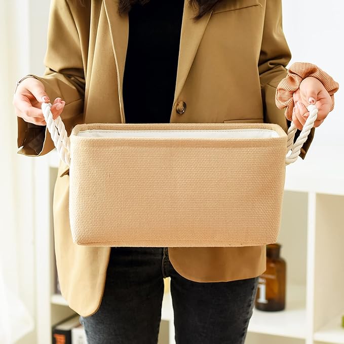 TheWarmHome Storage Bins for Shelves - Medium 3Pack 13.8L*9.8W*6.7H inch Canves Storage Basket for Organizing, Fabric Storage with Handles for Clothes Baby Dog Toys(Beige)