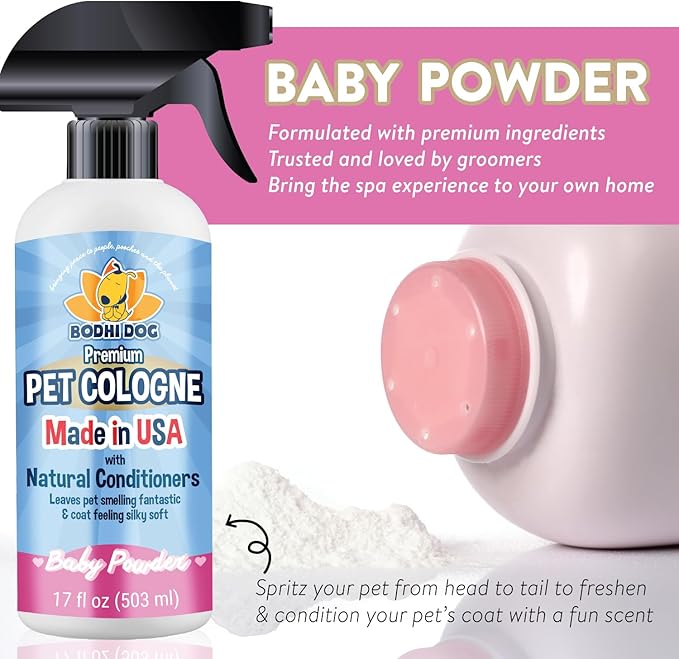Bodhi Dog Premium Dog Cologne - Deodorizing Dog Perfume & Conditioner for Dogs & Cats - Natural Long Lasting Spray - Keeps Pets Fresh All Day - Gentle, Safe Formula, Made in USA - Baby Powder 17 Fl Oz