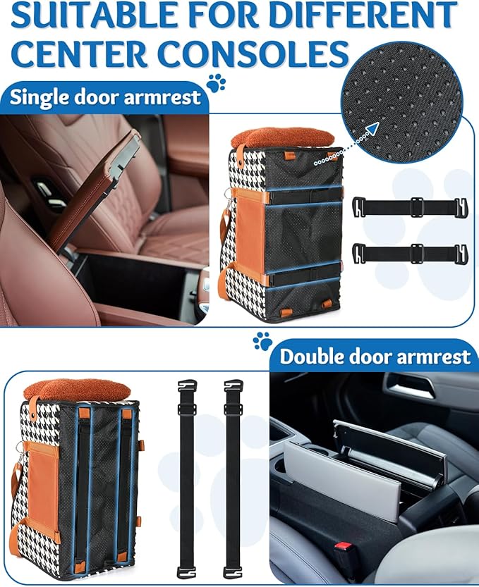 Center Console Dog Car Seat, Pet Car Seat, Armrest Middle Console Booster Travel Carrier for Small Dogs and Cats(Brown)