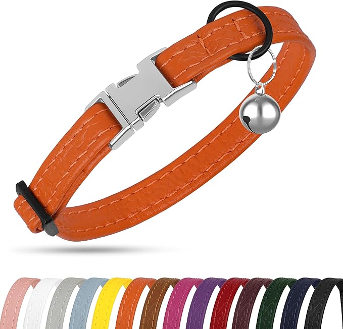 Leather Cat Collar with Buckle and Removable Bell - Non Breakaway Adjustable Soft Safety Small Pet Collars for Girl Boy Cats Kitten (Orange)