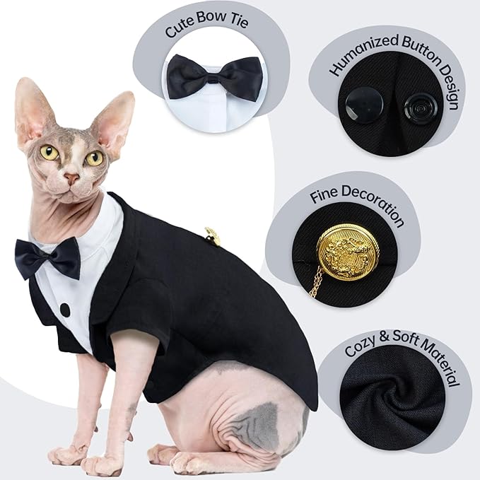 QBLEEV Cat Tuxedo Suit, Cat Halloween Costumes for Cats Only, Sphynx Cat Tuxedo Outfit Costume with Bow Tie, Kitten Formal Attire Wedding Birthday Onesie Clothes for Male Girl Hairless Cats