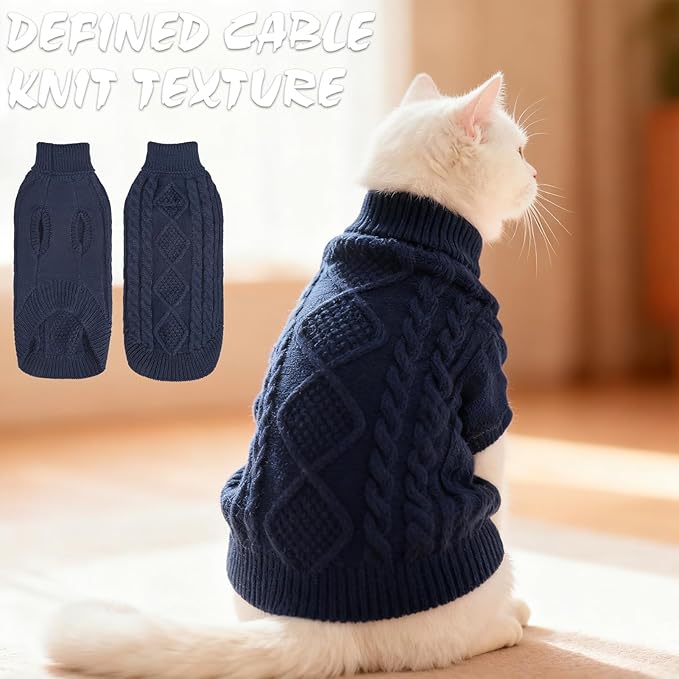 BINGPET Cat Sweater,Thermal Knitted Kitten Clothes Winter Coat,Classic Knit Turtleneck Cat Sweaters for Cats Only,Warm Pet Clothes for Kittens & Small Dogs Puppy Boy Girl Indoor Outdoor(Navy Blue,L)