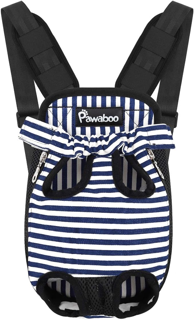 Pawaboo Pet Carrier Backpack, Adjustable Pet Front Cat Dog Carrier Backpack Travel Bag, Legs Out, Easy-Fit for Traveling Hiking Camping for Small Medium Dogs Cats Puppies, Large, Blue & White Stripes
