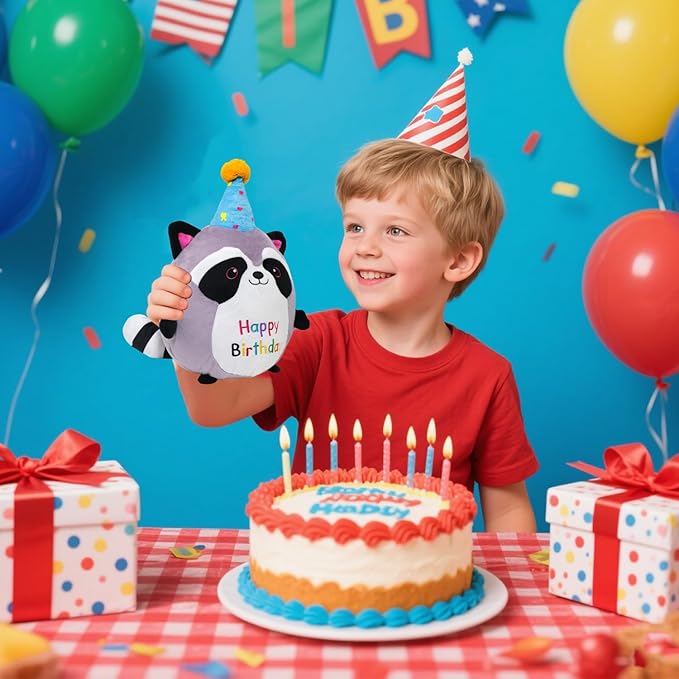 Raccoon Plush Toy 10 Inch Cute Birthday Stuffed Animal Soft Raccoon Plushies Pillow Wear Unicorn Birthday Hat Kawaii Cartoon Doll Gifts for Kid Toddlers Home Room Decoration