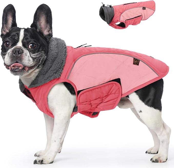 EMUST Winter Dog Coats, Fleece Dog Apparel for Cold Weather, British Style Windproof Warm, Mix-Pink, XS