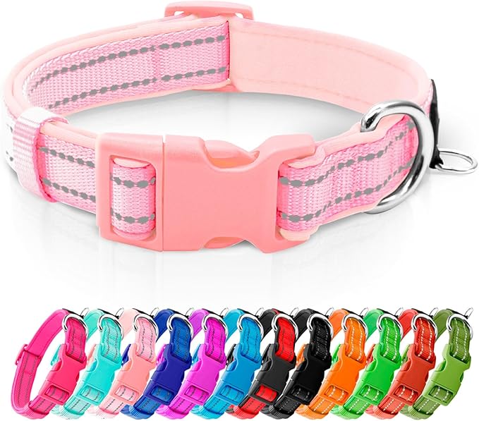 azuza Reflective Dog Collar, Soft Neoprene Padded Pet Collar with ID Tag Ring, Adjustable for Small Dogs,Pink,S