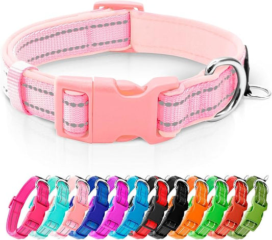 azuza Reflective Dog Collar, Soft Neoprene Padded Pet Collar with ID Tag Ring, Adjustable for Small Dogs,Pink,S
