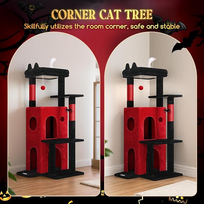 Globlazer Gothic Cat Tree Tower for Indoor Cats, 50-inch Goth Adult Cat Tree House for Large Adult Cats with Steps, Scratching Post, 2 Cat Caves, Dangling Toys, FC50, Blood-Goth