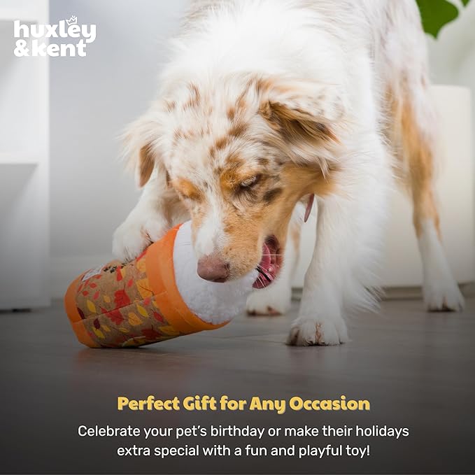 Huxley & Kent Funny Dog Toy w/Squeaker – Fall Power Plush Squeaky Dog Toys for Small, Medium & Large Dogs – Soft Stuffed Animal for Indoor Play & Fetch - Puggin Spice Latte, Large