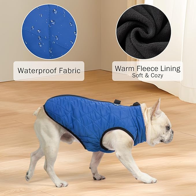 SCENEREAL Winter Dog Vest Coat with Harness Built in, Warm Puppy Jacket for Small Medium Dogs, Cold Weather Coat with Zipper, Fleece Puffer Vest Windproof Snow Clothes, Blue M