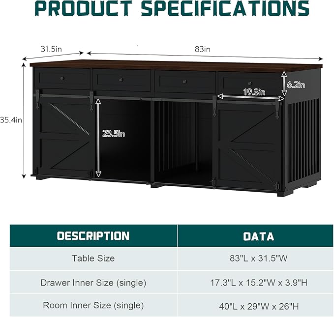 Furniture Style Dog Crate, 83" L Super Large Indoor Wooden Farmhouse Dog Kennel Furniture with Double Sliding Barn Doors, 4 Drawers & Room Divider, for Large Breed Dogs, Black