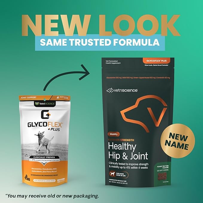 VetriScience Ultimate Strength Healthy Hip & Joint Chews, GlycoFlex Glucosamine, Chondroitin & Green Lipped Mussel Joint Support Supplement for Dogs, Soothe Joint Discomfort, Peanut Butter, 120 Ct
