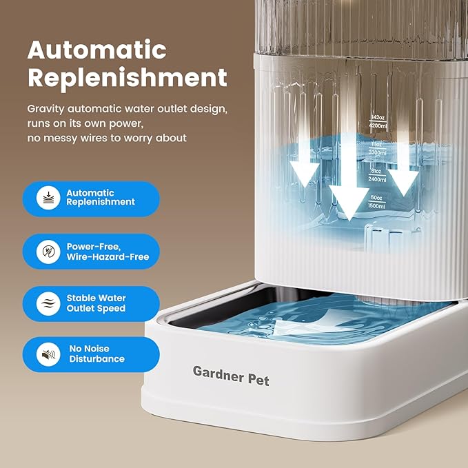 Gardner Pet Automatic Dog Water Dispenser Gravity Waterer with Stainless Steel Bowl Water Dispenser 8.5L Large Capacity Water Feeder with Filters for Dogs Cats Pets, BPA-Free Noise-Free (White, 8.5L)