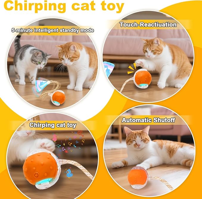2-Pack Interactive Cat Toys Ball for Indoor Cats＆Dog,Automatic Cat Toy with Elastic Mesh Tail,Rechargeable Rolling Kitten Toy,Include 8 Cat Spiral Spring,Cat Enrichment Toys for Indoor Cats