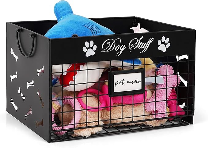 Dog Toy Bin - Metal Dog Toy Basket Box with Handles and Label Position Design Perfect for Pet Toys, Blankets, Clothes and Food (Not Included Label)