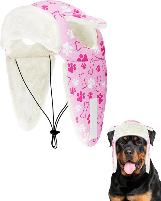 PET SHOW Dog Trapper Hat Winter Hat for Medium Large Dogs Warm Fleece Aviator Hats with Ear Flaps Adjustable Outdoor Girl Pet Pilot Costume Cap L-Pink Paw/with Ear Holes