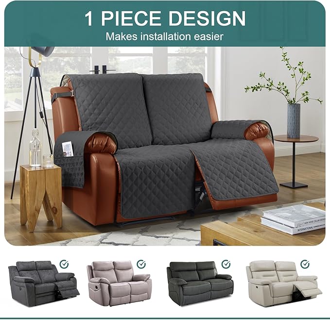 Ruaozz Waterproof Recliner Sofa Cover 1-Piece Couch Covers for Reclining Couches Reclining Sofa Cover Washable Furniture Protector with Elastic Straps Pocket for Kids, Pets (Charcoal Grey, 2 Seater)
