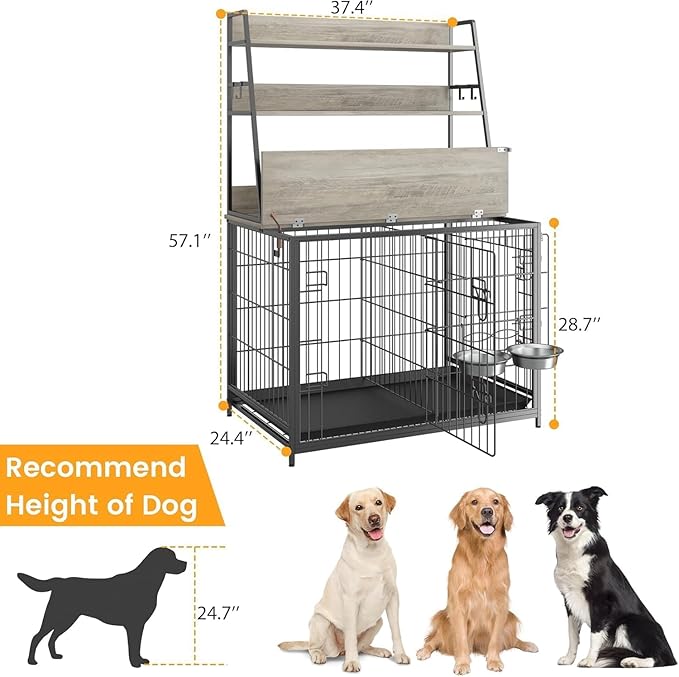 57 Inch Dog Crate Furniture with Storage - Large Dog Cage with Double Door,Dog House Kennel Indoor with Two 7" Dog Bowls,37.4"×24.4"×57.1",Grey